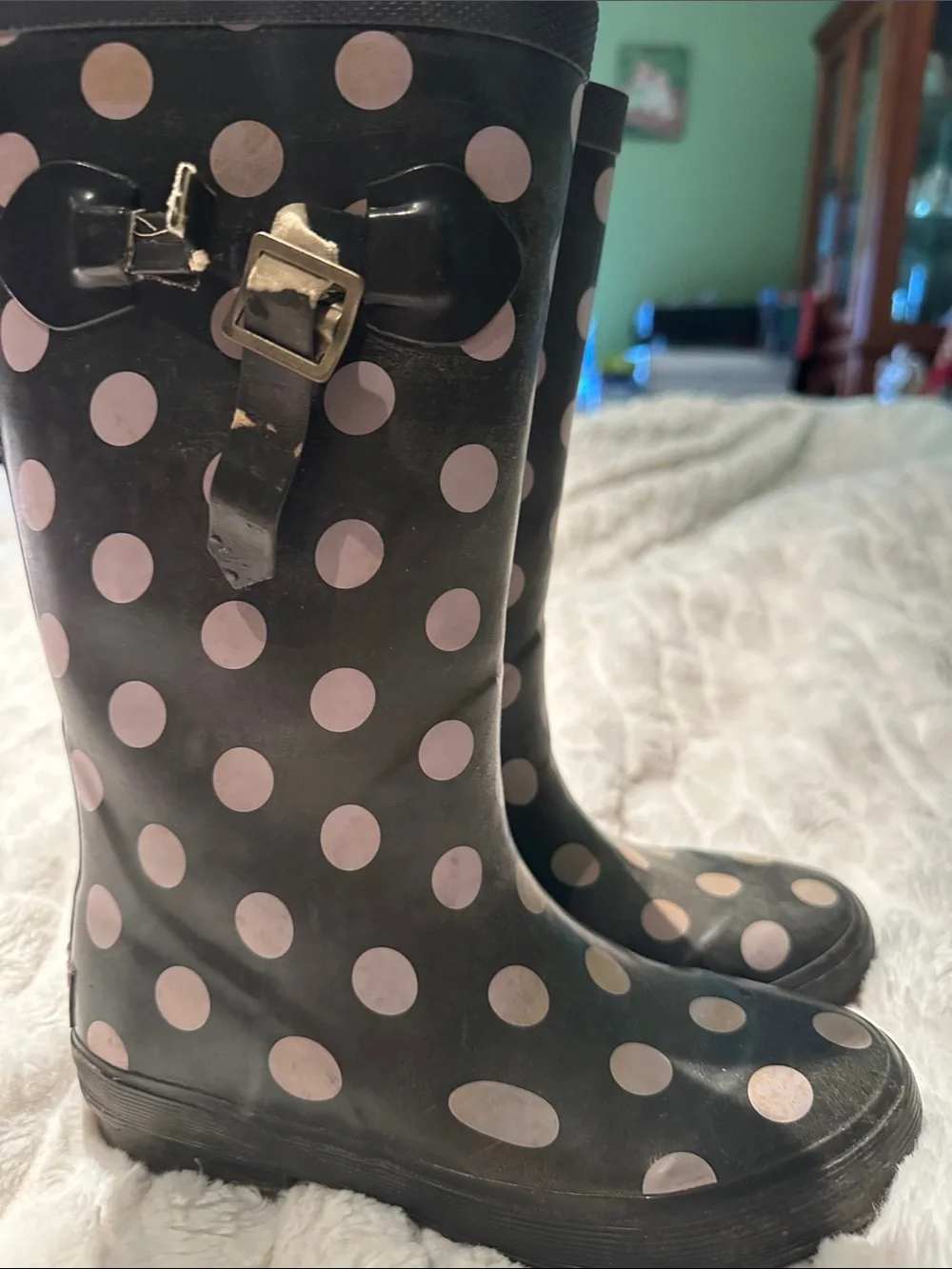 L.L. Bean Kids Black Rain Boots with Pink Polka Dots